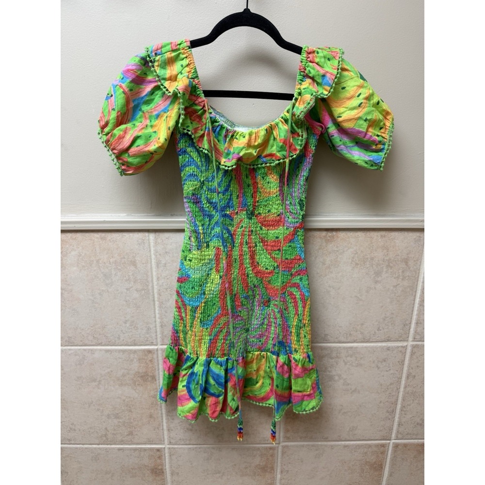 FARM Rio Neon Banana Print Off Shoulder Puff Sleeve Smocked Mini Dress XS - Picture 4 of 9